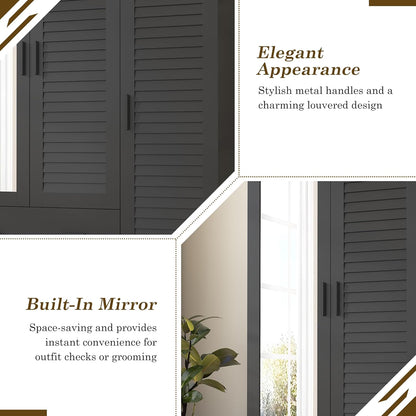 3 Door Armoire Wardrobe Closet Cabinet with Drawers and LED Lights, Multi-Tier Shelves, Hanging Rod & 3 Louver Doors, Large Capacity Storage Wardrobe Armoire for Bedroom(3 Doors Black)