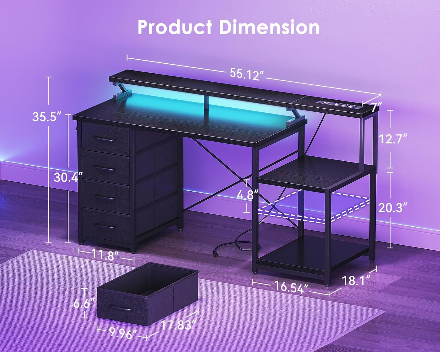 55 Inch Computer Gaming Desk with Power Outlets & 4 Drawers, Home Office Desk with Monitor Stand & Printer Shelves, Black
