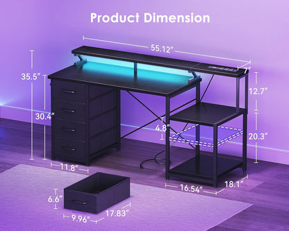 55 Inch Computer Gaming Desk with Power Outlets & 4 Drawers, Home Office Desk with Monitor Stand & Printer Shelves, Black
