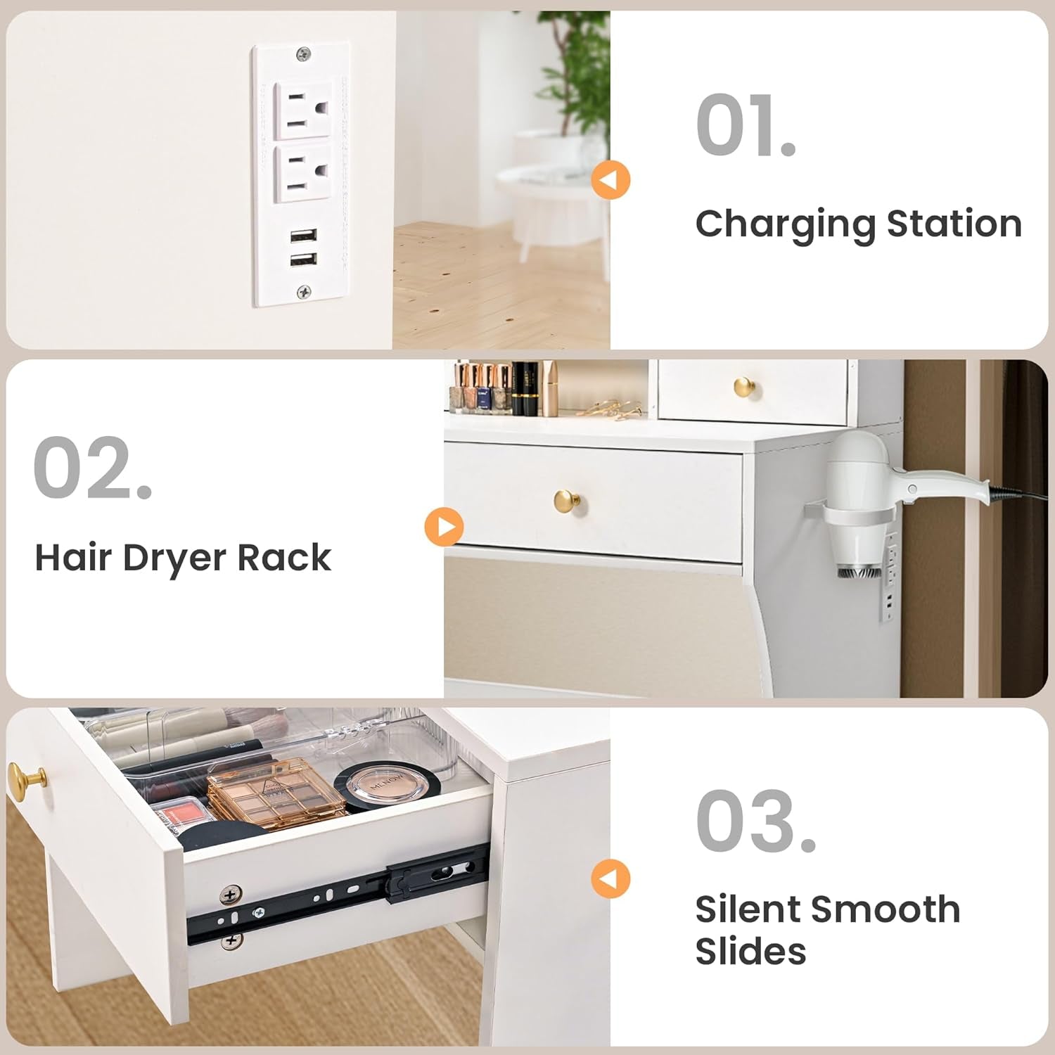 Vanity Desk with Mirror and Lights,4 Drawers Golden Handles Makeup Vanity with Storage Stool,Power Outlet,3 Lighting Modes,Silent Slides