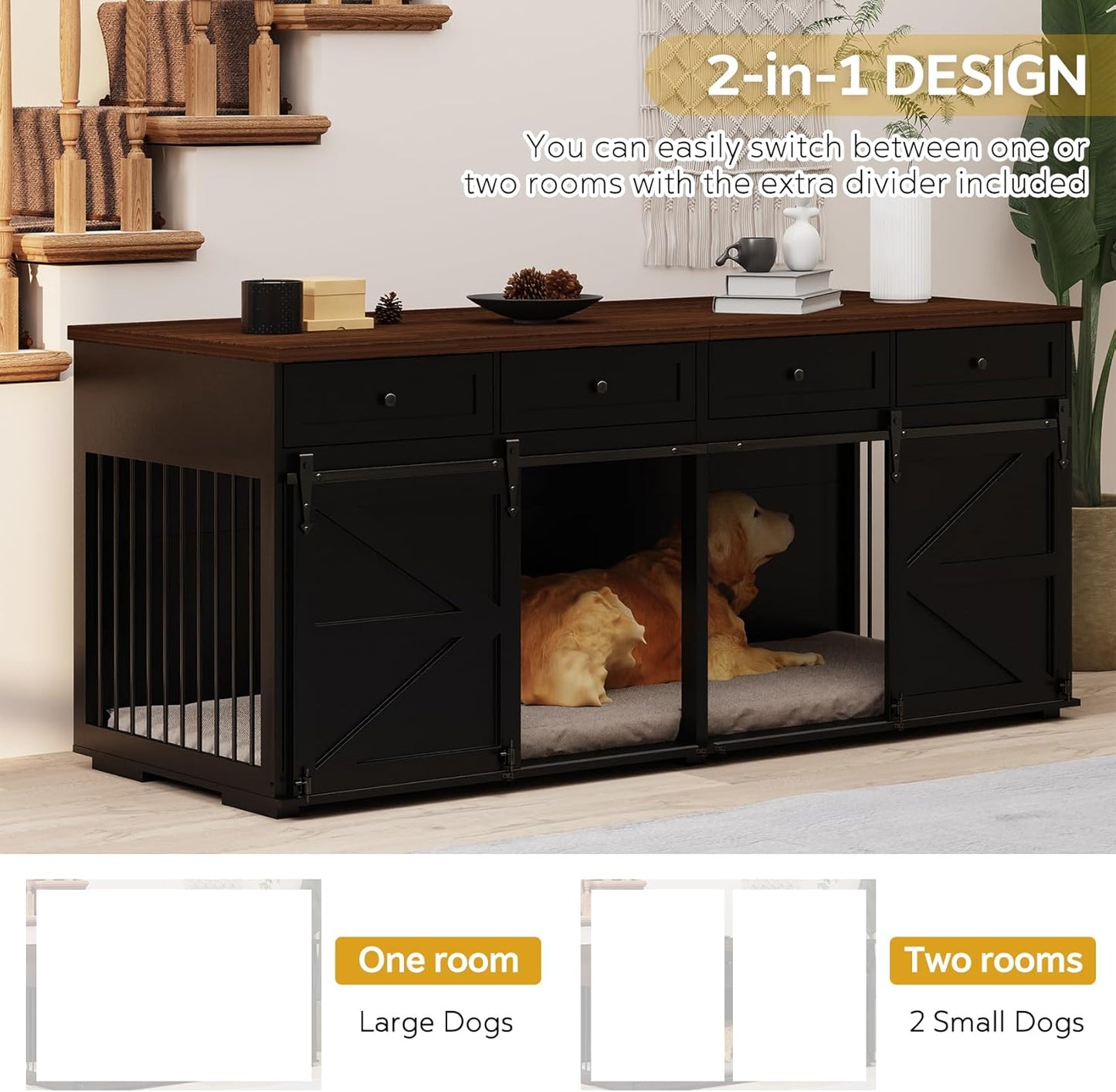 Dog Crate Furniture - Indoor Wooden Dog Kennel Furniture with 4 Drawers & 2 Sliding Barn Doors - for Small Medium Large Dogs - 83" Lx31.5 Wx35.6 H, White