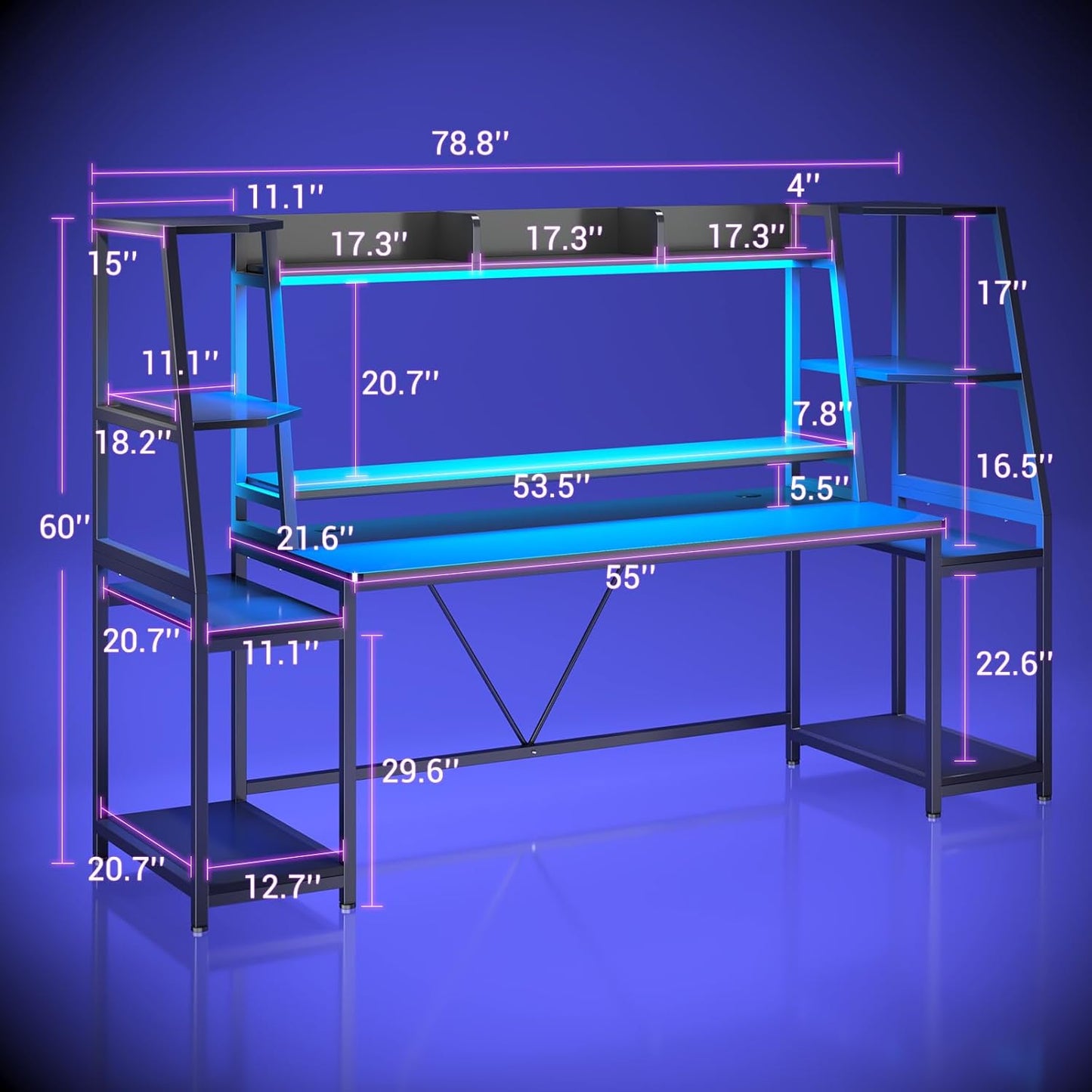 Gaming Desk 78.8'' with LED Lights, Hutch and Storage Shelves, Computer Desk with Monitor Stand, Large PC Gamer Desk Workstation, Ergonomic Gaming Table for Bedroom, Living Room, Black