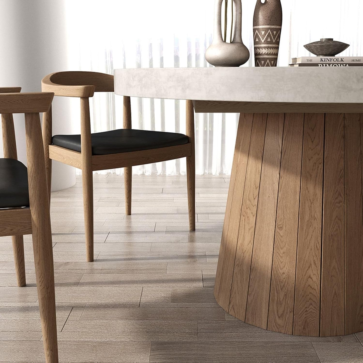 round Extendable Dining Table with Pedestal Base, 39"-55" Expandable Dining Room Table Oval Kitchen Dinette Table for 4-6 (Gray & Walnut)