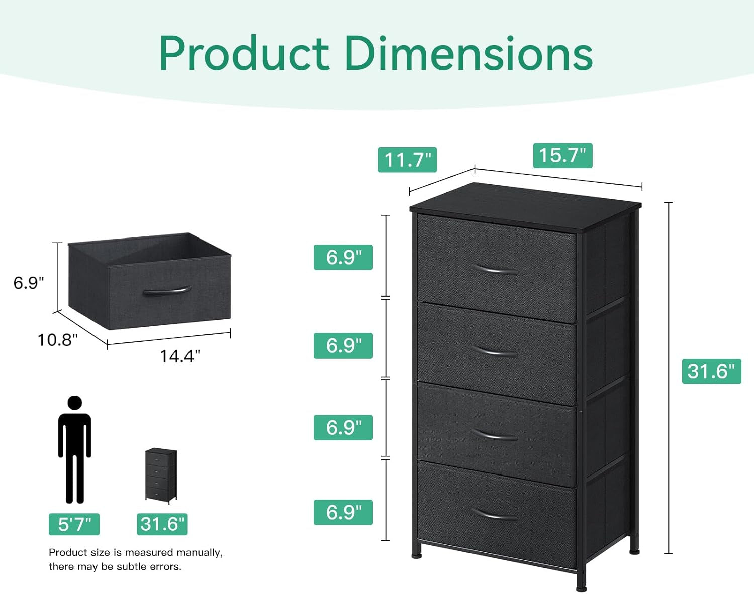 Dresser for Bedroom with 4 Storage Drawers, Small Dressers Chest of Drawers Fabric Dresser with Sturdy Steel Frame, Black