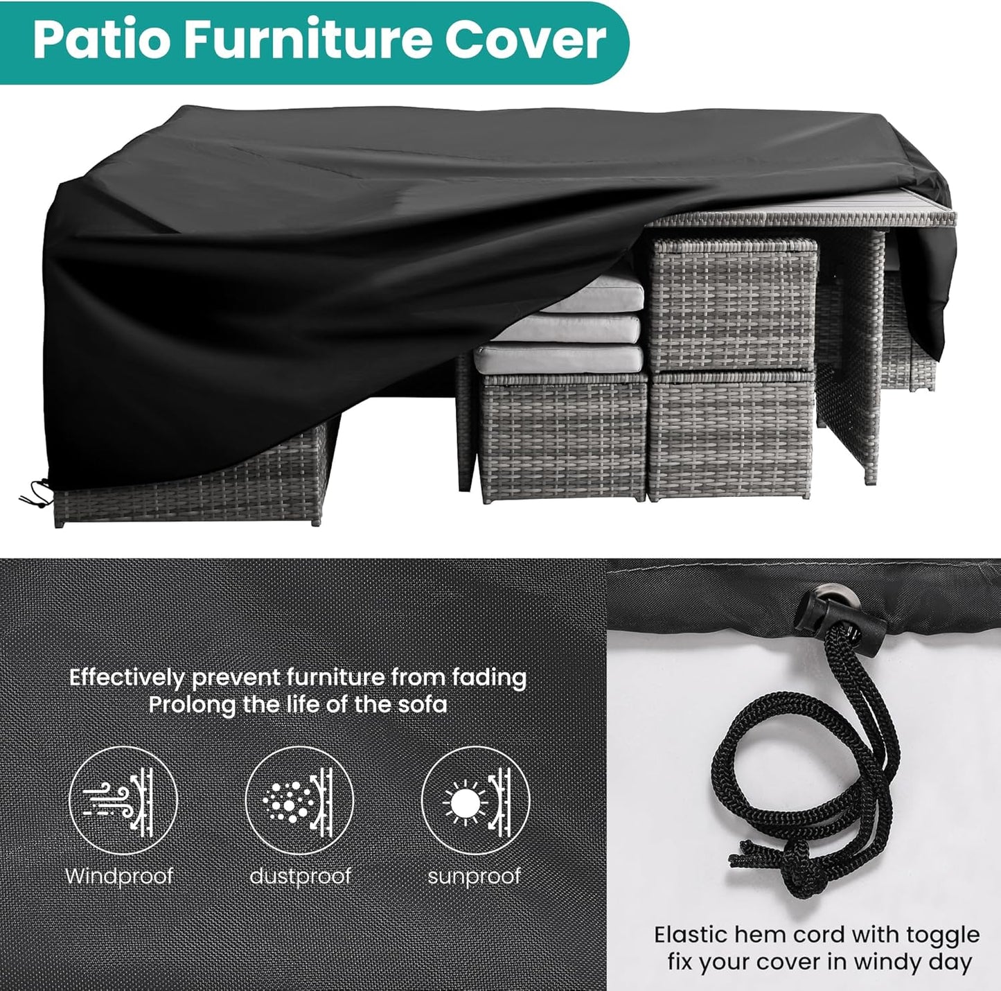 Patio Furniture Set, 7 Pieces Outdoor Patio Furniture with Dining Table&Chair, All Weather Wicker Conversation Set with Ottoman,Grey (Include Sofa Dust Cover)