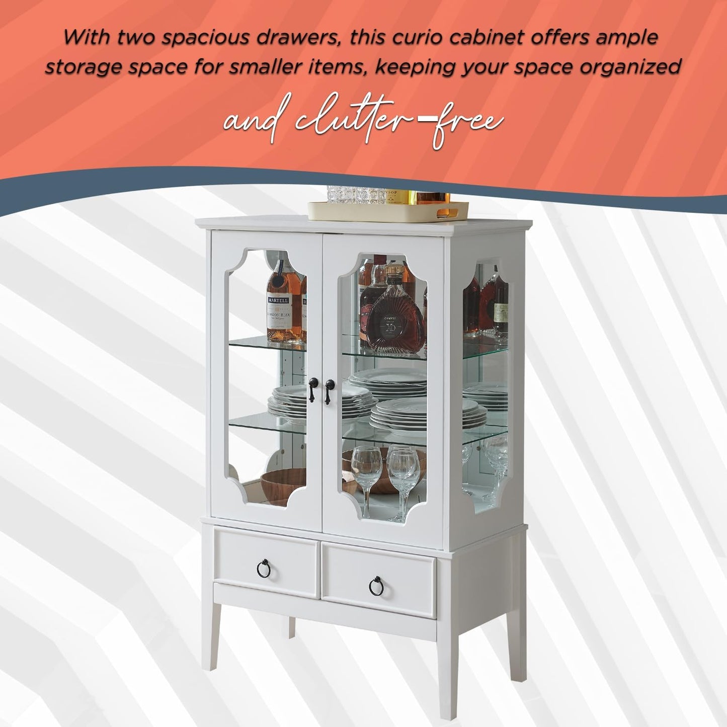 - Curio Accent Storage Cabinet with Doors, Glass Shelves & Drawers - Sideboard Buffet Display Cabinet for Living Room Dining Room Kitchen, White