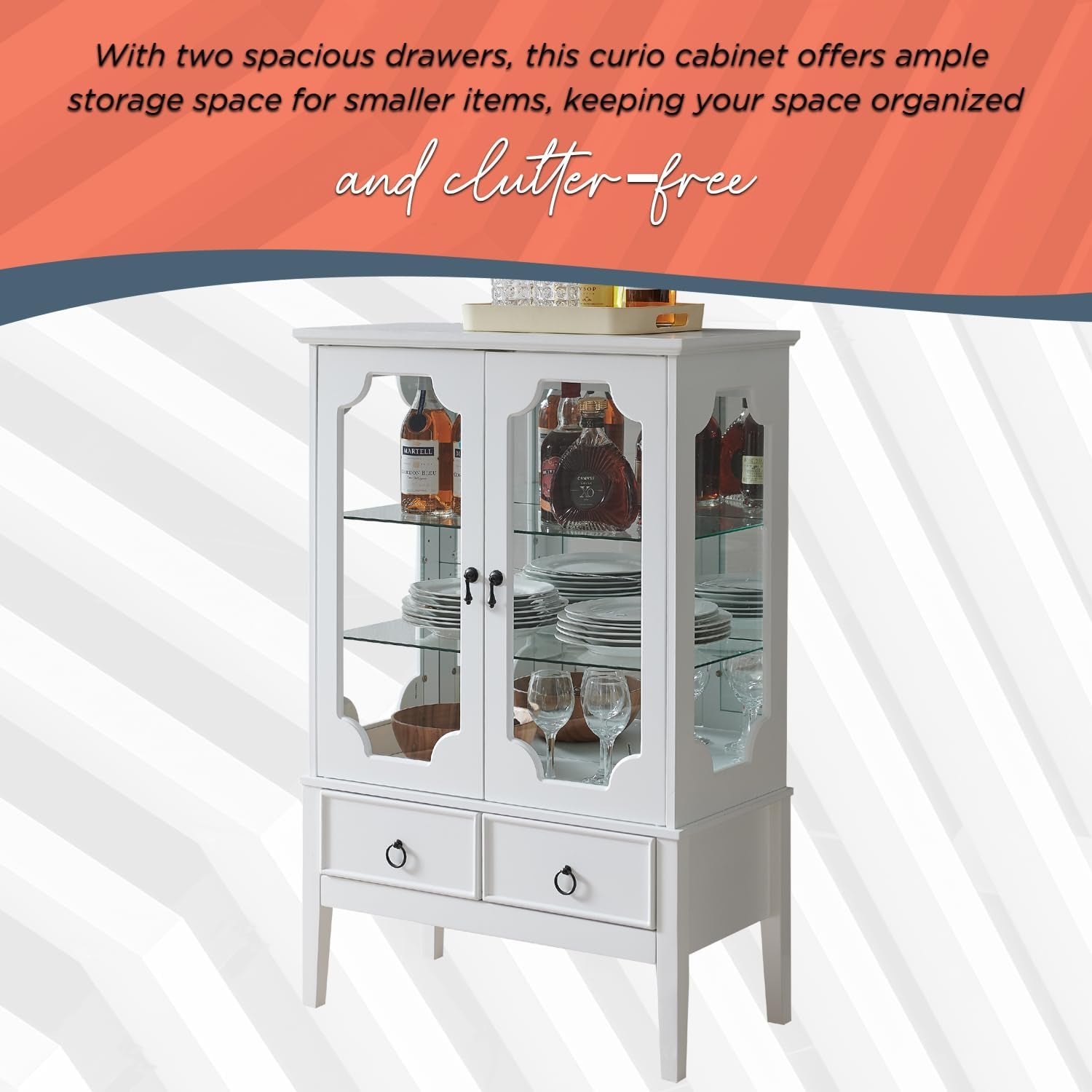 - Curio Accent Storage Cabinet with Doors, Glass Shelves & Drawers - Sideboard Buffet Display Cabinet for Living Room Dining Room Kitchen, White