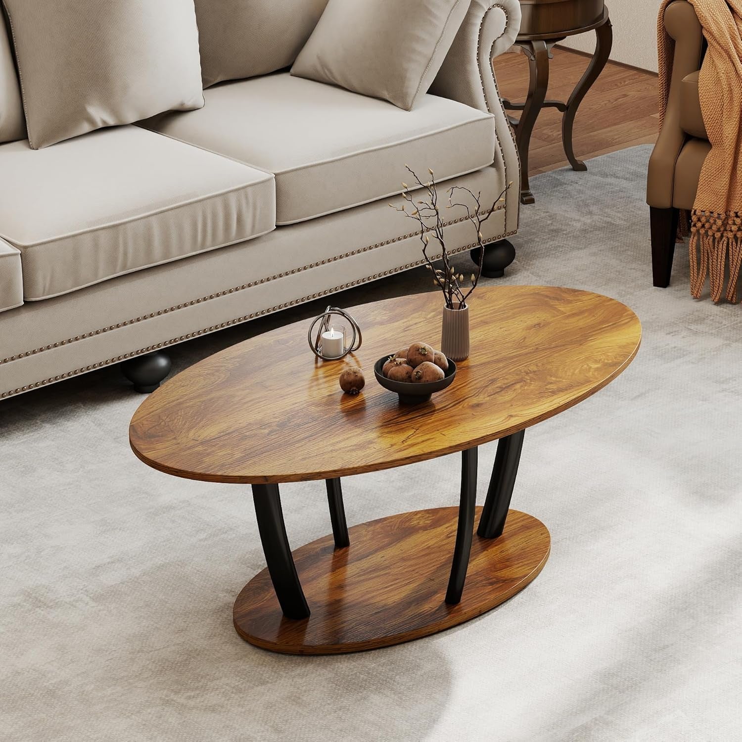 Rustic Small Oval Coffee Table for Living Room, Narrow Wood Center Table with Shelf, Retro Style Coffee Table with Curved Metal Legs, Stable and Easy Assembly, Rusric Brown