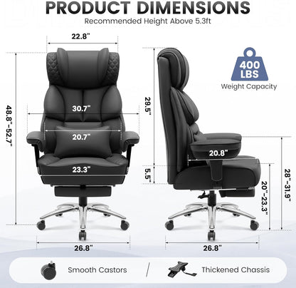 Office Desk Chair, Big and Tall Leather Gaming Chair with Footrest, Wide Ergonomic Comfy Executive High-Back Reclining Computer Chairs, Swivel Rolling Wheels and Padded Lumbar Support, Black