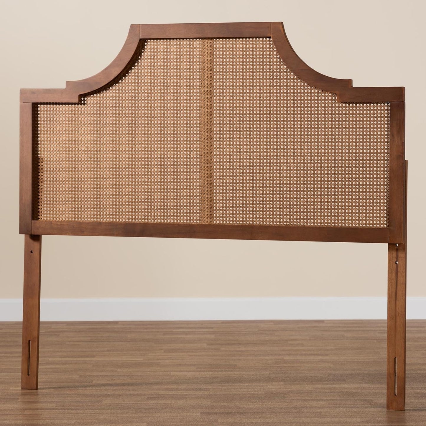 Risha Mid-Century Modern Ash Walnut Finished Wood and Rattan King Size Headboard