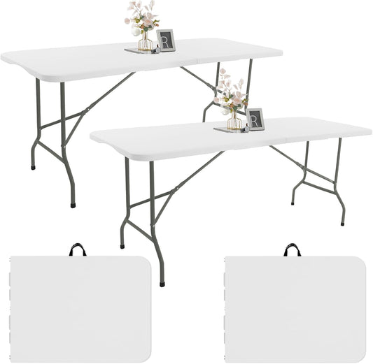 2 Pack 6 FT Folding Tables White Foldable Table, Fold-In-Half with Carrying Handle Portable Plastic Rectangular Table for Party, Dining, Wedding, Camping, Picnic, Indoor Outdoor Events