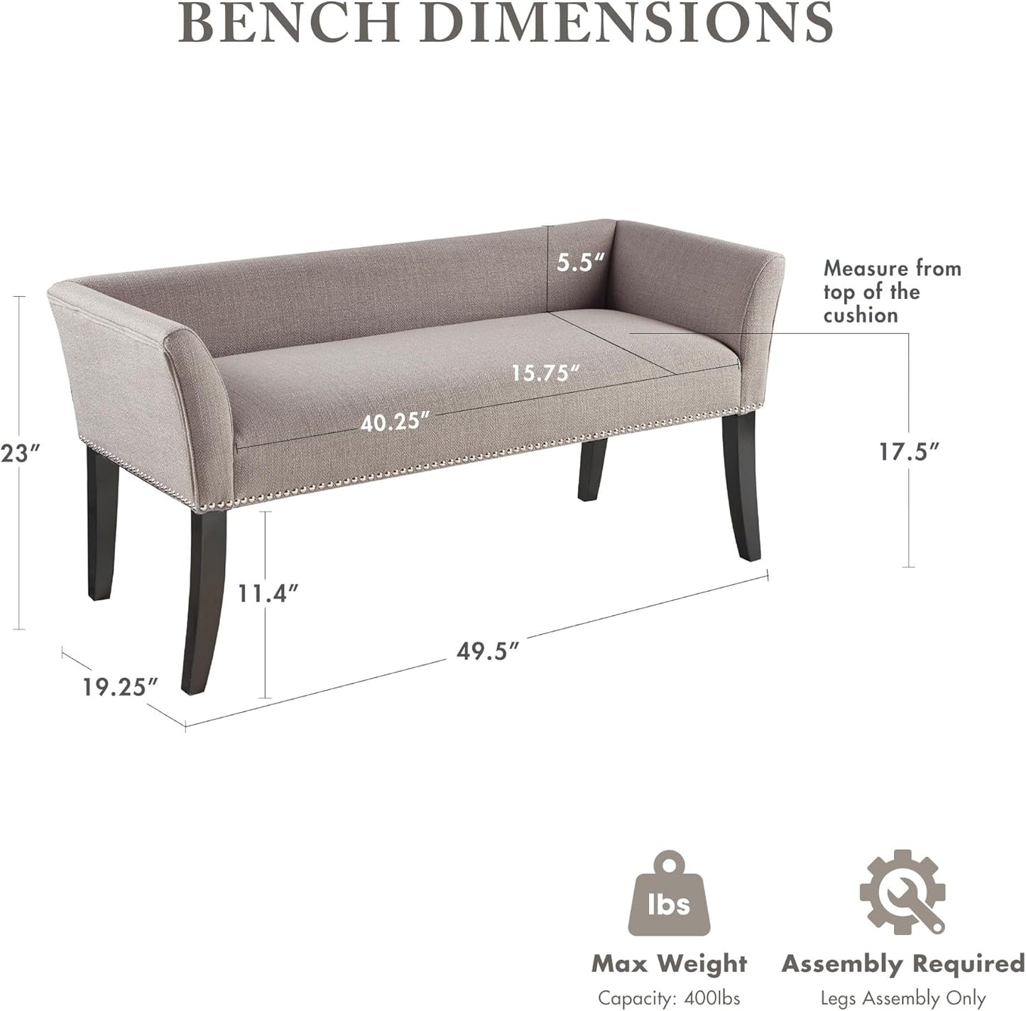 Accent Bench, Upholstered with Nailhead Trim, & Padded Seat Entryway Bench Small, End of Bed Bench with Back, 49.5" W X 19.25" D X 23" H, Grey