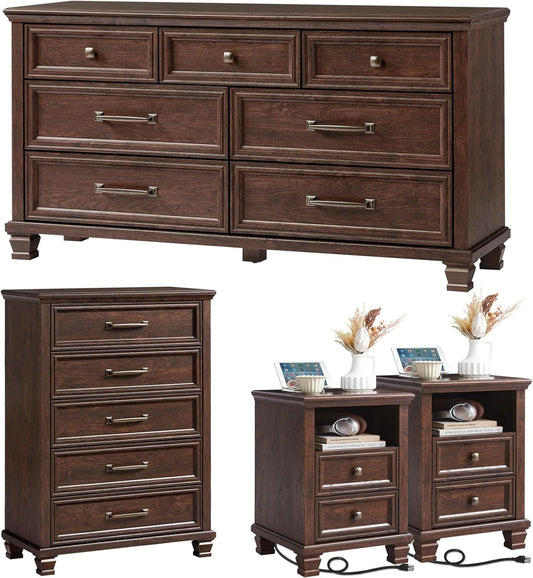 Farmhouse Dresser and Nightstand Sets 4 Piece, 5/7 Drawer Dresser & 2 Drawer Nightstand Set, Rustic Wood Bedroom Furniture Set for Home, Bedroom, Hallway, Walnut