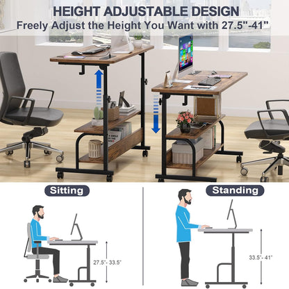 Height Adjustable Standing Desk with Power Outlets, 39" Manual Stand up Desk with Storage Shelves Small Mobile Rolling Computer Desk Portable Laptop Table with Wheels for Home Office, Rustic