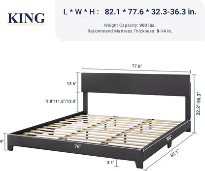 King Size Bed Frame with Adjustable Headboard, Faux Leather Platform Bed with Wood Slats, Heavy Duty Mattress Foundation, No Box Spring Needed, Noise-Free, Easy Assembly, Black