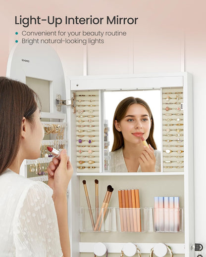 Jewelry Organizer, LED Jewelry Cabinet Wall/Door Mounted, Lockable Rounded Wide Mirror with Storage, Interior Mirror, 3.9 X 16.5 X 55 Inches, White Surface with Greige Lining