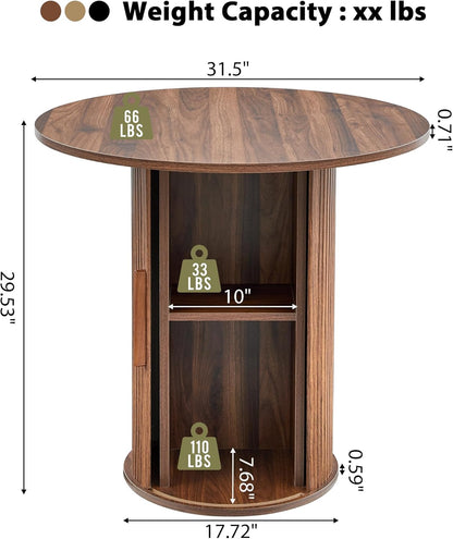 31.5" round Dining Table for 2-4, Modern Farmhouse Kitchen Table with 2-Tier Storage Shelf, Small Wooden Circle Dining Tables with Fluted Base for Home Dining Room Living Room (Walnut)
