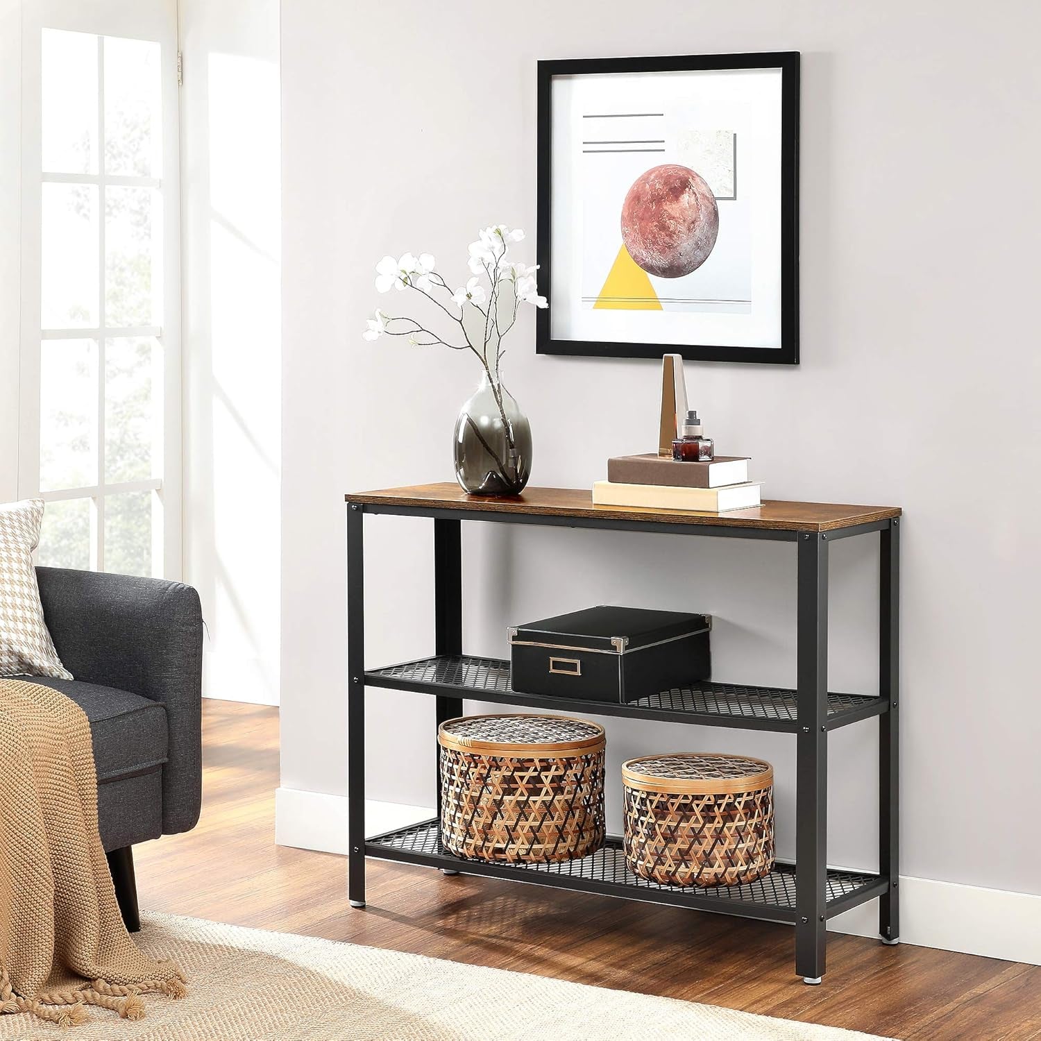 40" Industrial Console Table, 3 Tier Entryway Table with Storage Shelf, Narrow Sofa Tables for Living Room, Hallway, Entrance Hall, Corridor, Bedroom, Rustic Brown and Black ULNT81BX