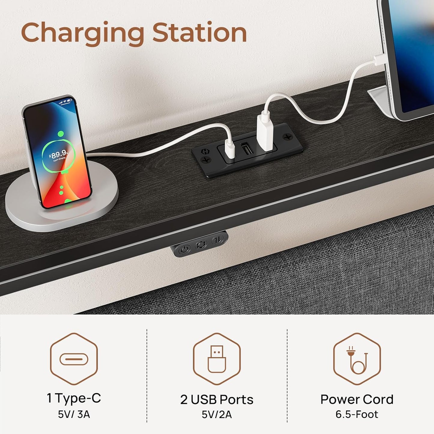 Twin Bed Frame with Ergonomic Headboard Storage & Charging Station, Upholstered Platform Bed with LED Light & Drawer, Heavy Duty Metal Slats, Noise Free, No Box Spring Needed, Grey