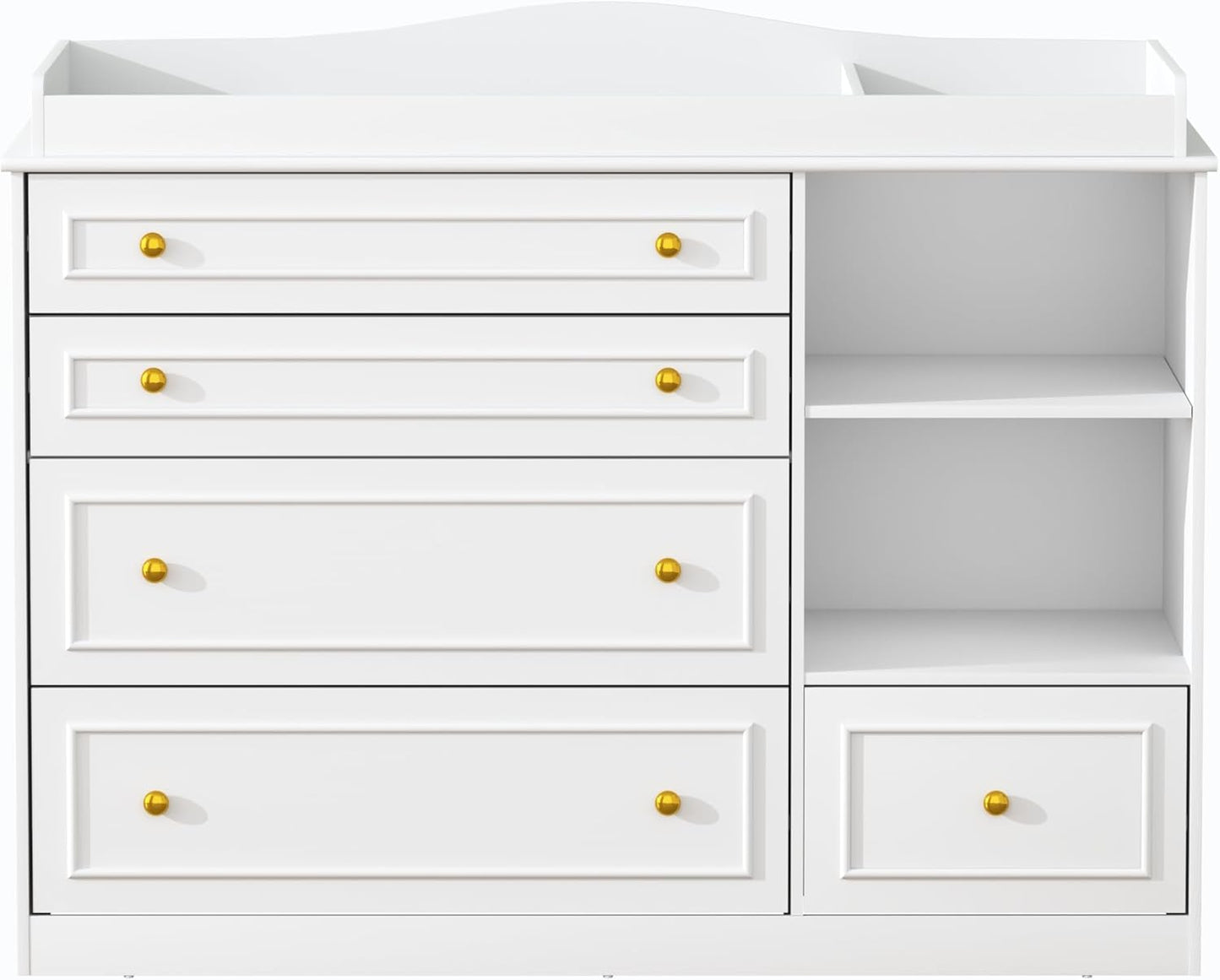 White Changing Table Dresser, Baby Nursery Dresser, Baby Diaper Changing Table, 5 Drawers, Adjustable Shelves, Metal Handle, Curved Wrapping Design, White