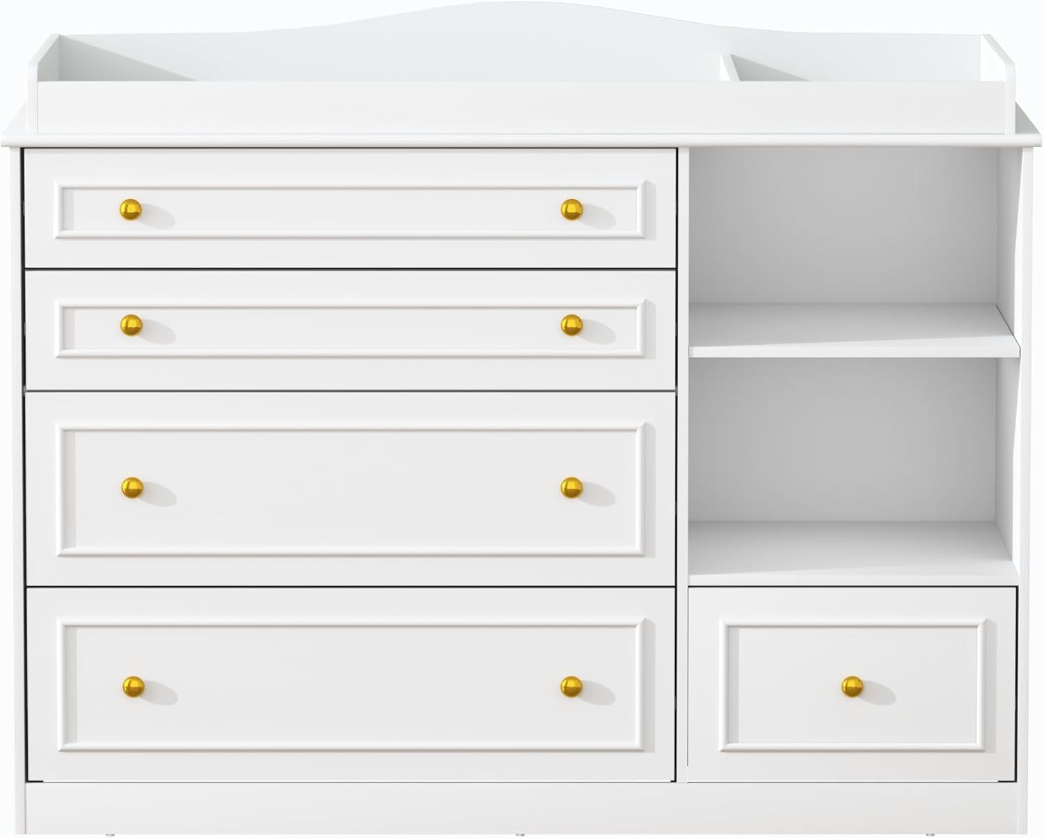 White Changing Table Dresser, Baby Nursery Dresser, Baby Diaper Changing Table, 5 Drawers, Adjustable Shelves, Metal Handle, Curved Wrapping Design, White