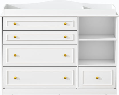 White Changing Table Dresser, Baby Nursery Dresser, Baby Diaper Changing Table, 5 Drawers, Adjustable Shelves, Metal Handle, Curved Wrapping Design, White