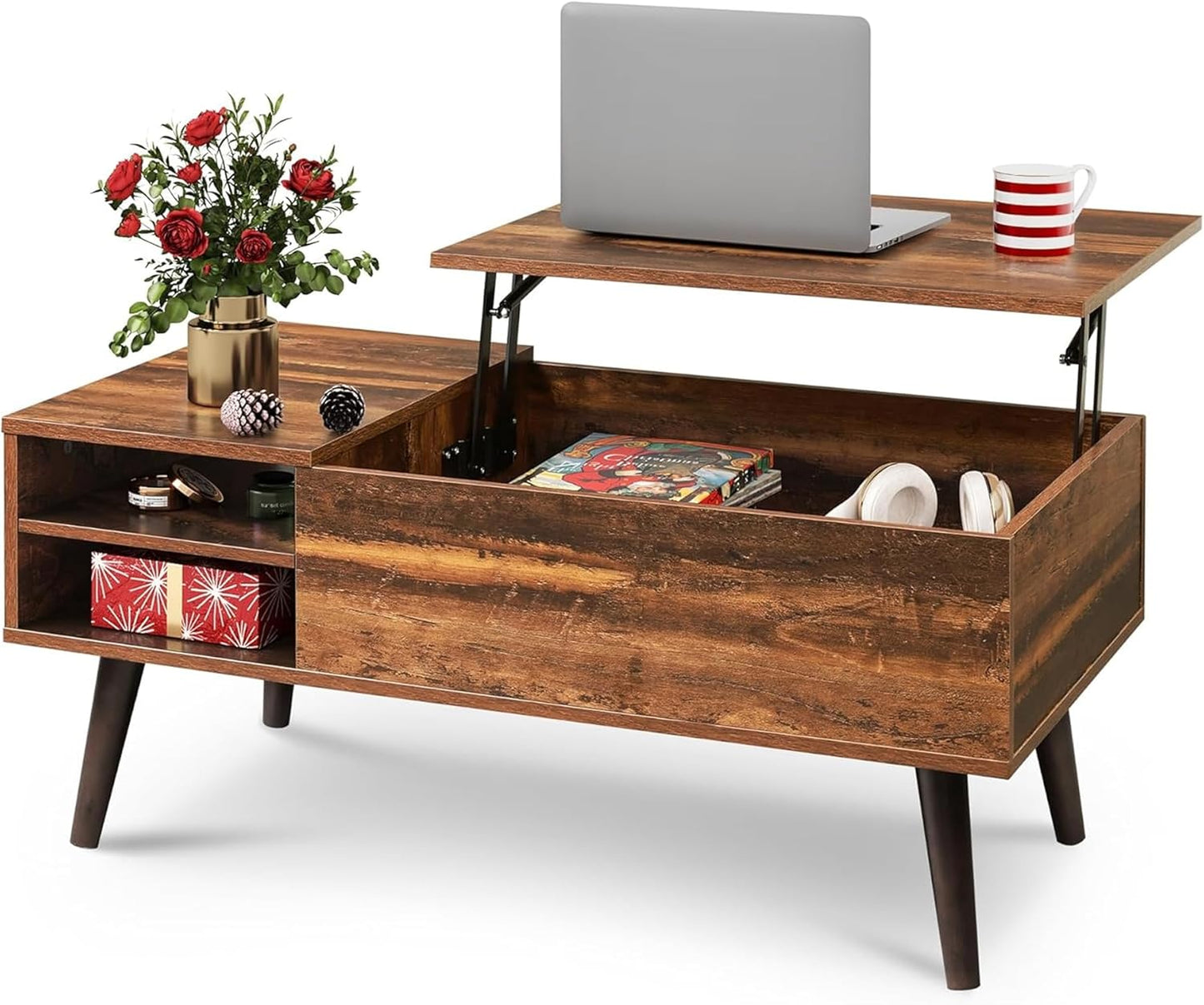 Lift Top Coffee Table for Living Room,Small Coffee Table with Storage, Adjustable Shelf and Storage Compartment, Mid Century Modern Living Room Table, Wood, Rustic Brown