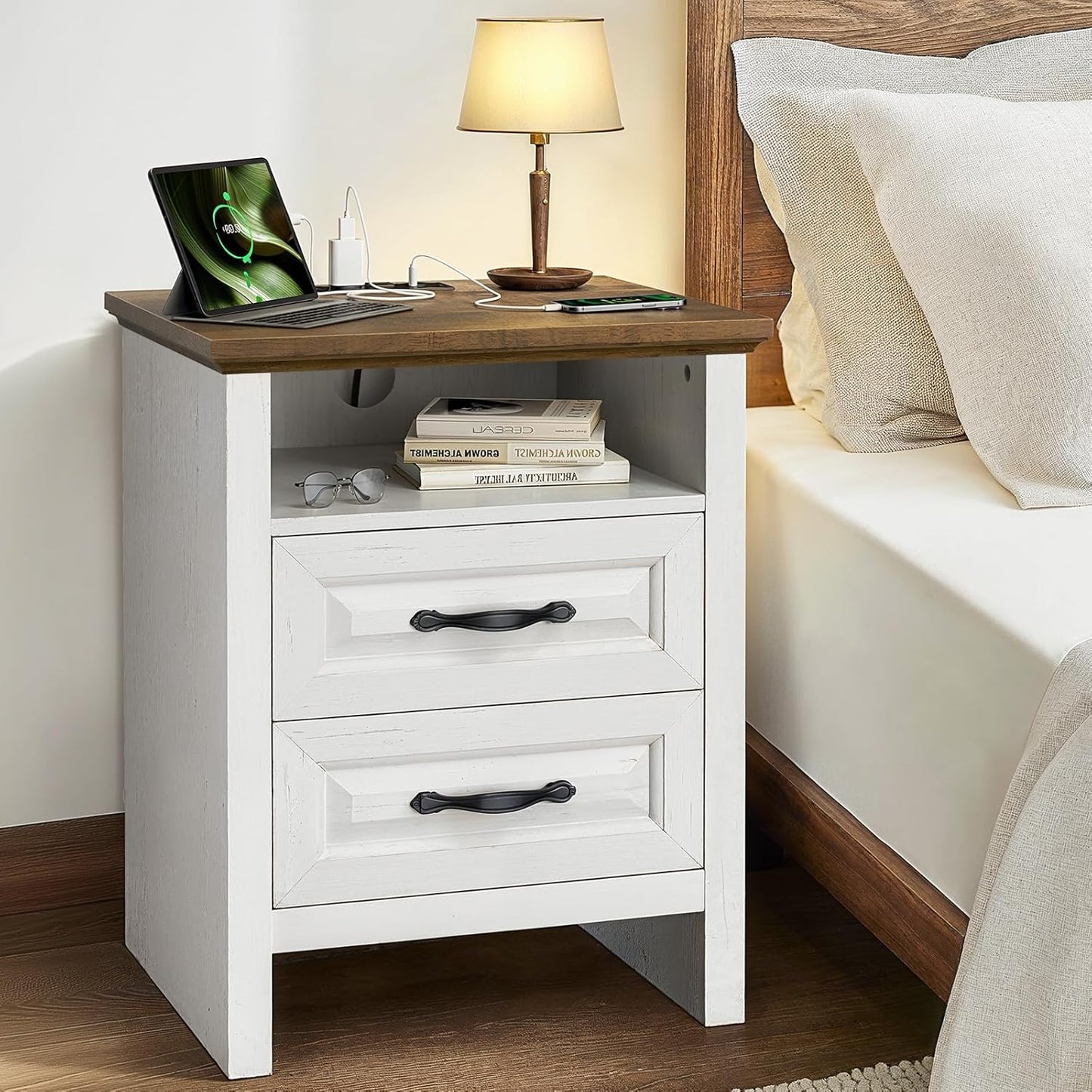 Nightstand Set of 2 for Bedroom, Night Stand with Charging Station, Bedside Table with 2 Drawers & Open Shelf, Farmhouse End Table Storage Cabinet, Wood White
