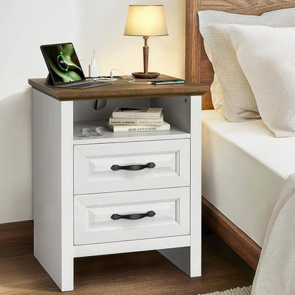 Nightstand Set of 2 for Bedroom, Night Stand with Charging Station, Bedside Table with 2 Drawers & Open Shelf, Farmhouse End Table Storage Cabinet, Wood White