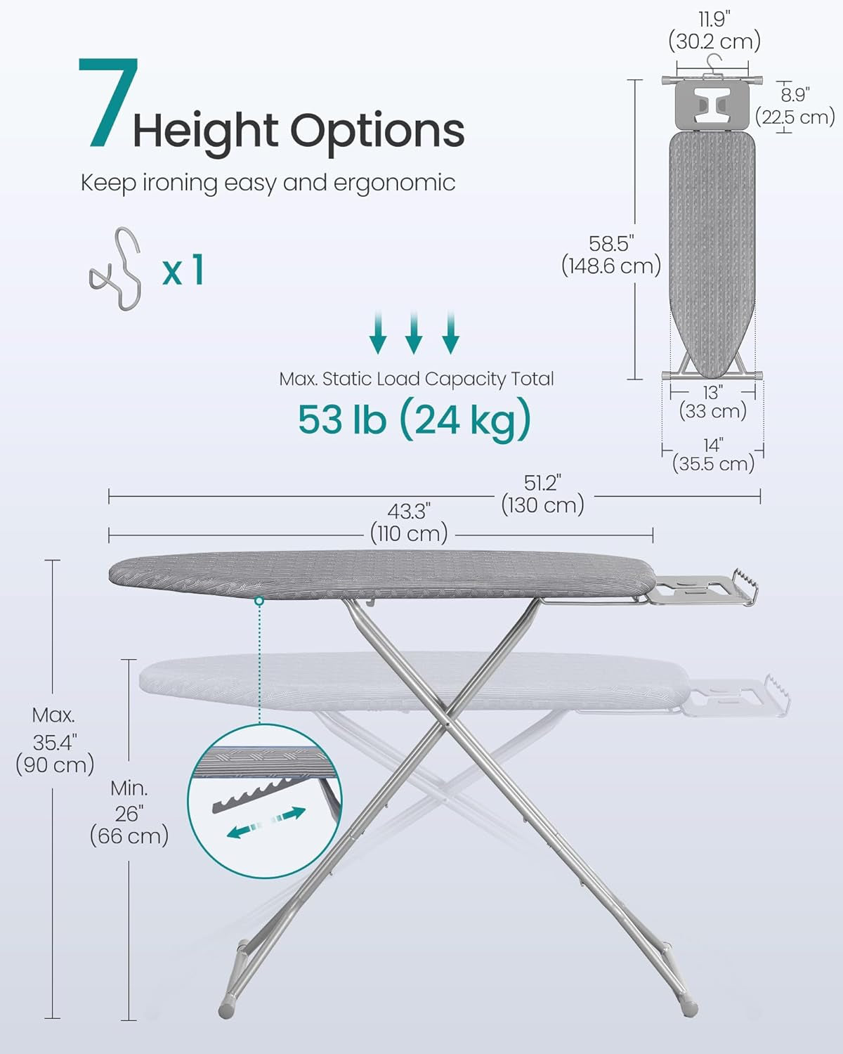 Ironing Board, Retractable Iron Rest, Foldable Iron Board, 43 X 13 Inches, Space-Saving, Height Adjustable, Padded with Cover, Hook, Dove Gray ULLB003GD02S