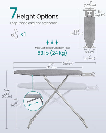 Ironing Board, Retractable Iron Rest, Foldable Iron Board, 43 X 13 Inches, Space-Saving, Height Adjustable, Padded with Cover, Hook, Dove Gray ULLB003GD02S