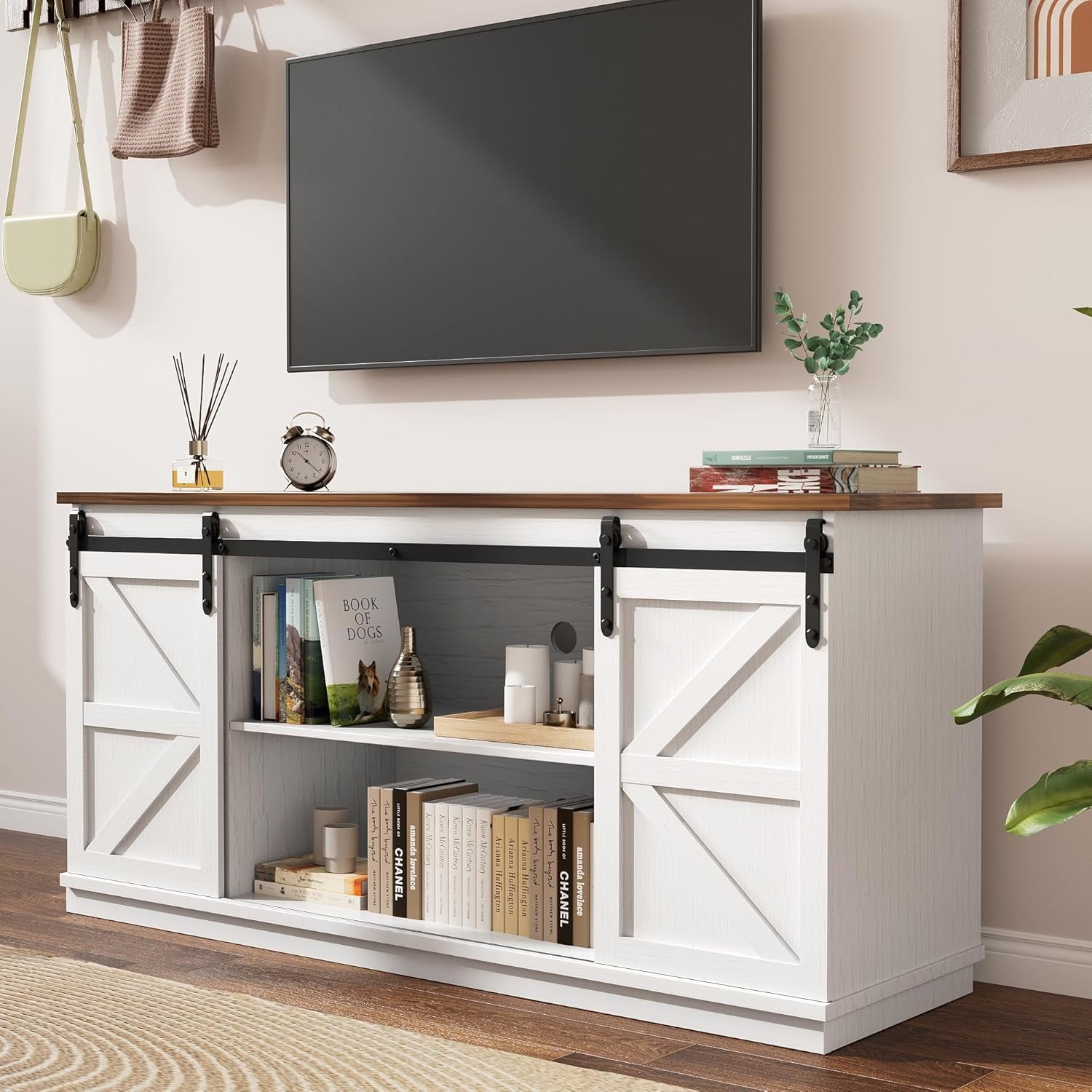 Farmhouse TV Stand for Televisions up to 65 Inches, Sliding Barn Doors and Storage Cabinets, Console Table and Media Furniture for Living Room, 58 Inch, Milk White