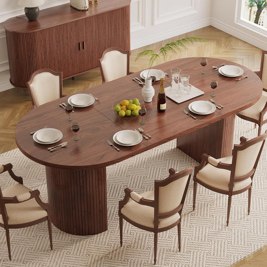 70.8 Inch Dining Table for 4-8, Oval Dining Room Table with Curved Fluted Wood Strip Base, Mid-Century Modern Kitchen Tables with Footpads, Dinner Tables for Living Room, Dining Room, Walnut