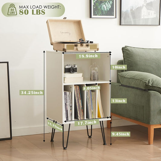 Record Player Stand with Vinyl Storage, Vinyl Record Storage Cabinet Holds up to 150 Albums, End Table for Record Player, Turntable Stand for Living Room, White