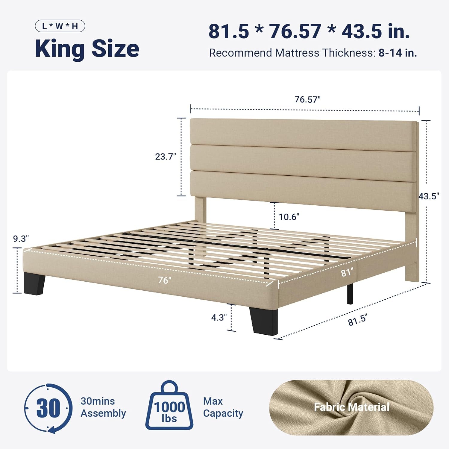 King Size Platform Bed Frame with Fabric Upholstered Headboard and Wooden Slats Support, Fully Upholstered Mattress Foundation/No Box Spring Needed/Easy Assembly, Beige
