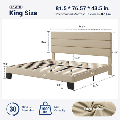 King Size Platform Bed Frame with Fabric Upholstered Headboard and Wooden Slats Support, Fully Upholstered Mattress Foundation/No Box Spring Needed/Easy Assembly, Beige