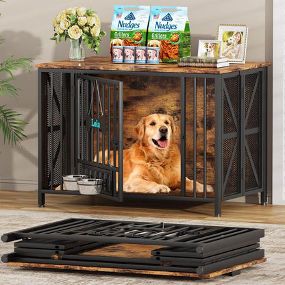 Foldable Large Dog Crate Furniture, 41.3" Assembly-Free Dog Crates for Large Dogs, Wooden Dog Kennel Indoor with Tag & Dog Bowls, Dog Cage Use as TV Stand, Rustic Brown