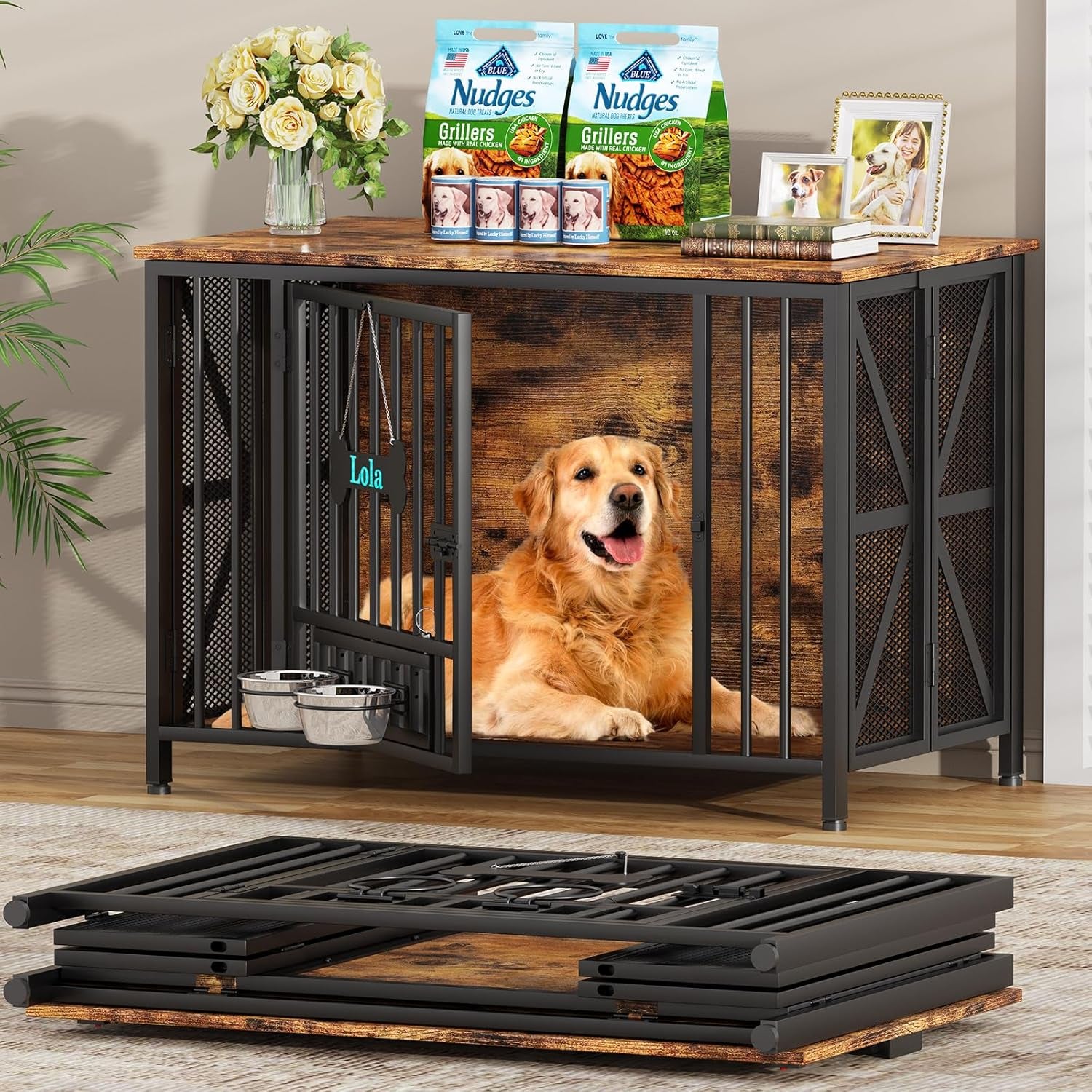 Foldable Dog Crate Furniture, 31.5" Dog Crates for Small/Medium Dogs, Wooden Dog Kennel Indoor with Tag & Adjustable Dog Bowls, Dog Cage Use as End Table/Tv Stand, Oak Grey