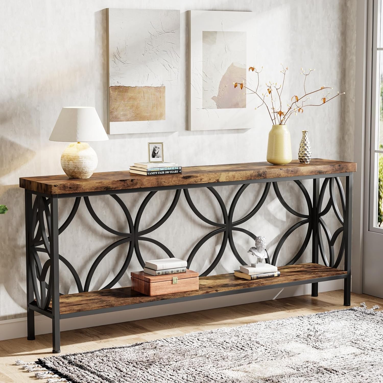 70.9-Inch Narrow Sofa Table, Industrial Long Sofa Table behind Couch, Entry Console Table with Storage for Entryway, Living Room, Foyer, Unique Design, Rustic Brown