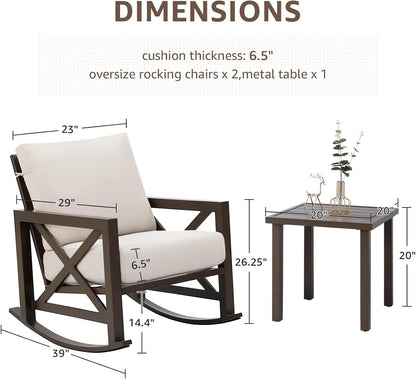 Rocking Bistro Set, 3 Piece Outdoor Patio Conversation Furniture Set with 2 Rockers and 1 Metal Coffee Table with Thick Cushions,2 Pack Patio Chair Covers Waterproof