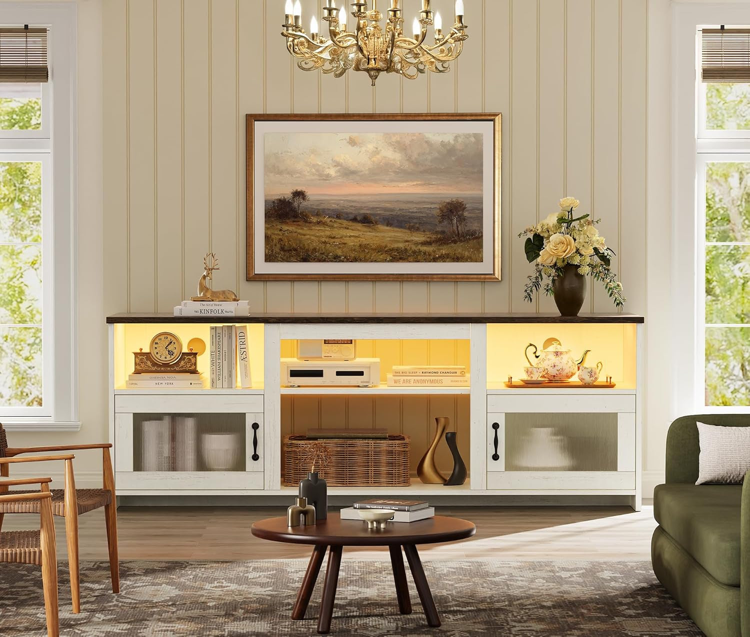 TV Stand for 60 Inch TV, TV Console Cabinet with Power Outlets and LED Lights, 54 Inch Entertainment Center, 2 Acrylic Cabinets, 4 Cable Holes, Open Shelves, for Living Room, Distressed White