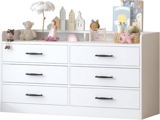 Dresser for Kids Bedroom, Kids Dresser with 6 Deep Drawers for Playroom, Wooden Storage Cabinet with Metal Handles & Anti-Dropping Fence for Toys/Clothes/Books, 15.8" D X 47.2" W X 25.2" H