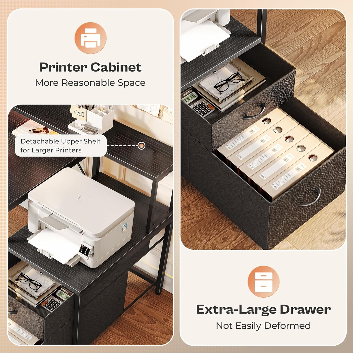 66 Inch L Shaped Computer Desk with Power Outlets and LED Lights, Home Office Desk with Fabric Drawers and Print Stand, L Shape or Long Set Up, Monitor Stand, Mesh CPU Stand, Black