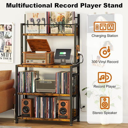 Record Player Stand with Vinyl Storage, Turntable Stand Holds up to 300 Albums, Large Record Player Table with Charge Station, Vinyl Record Stand for Living Room