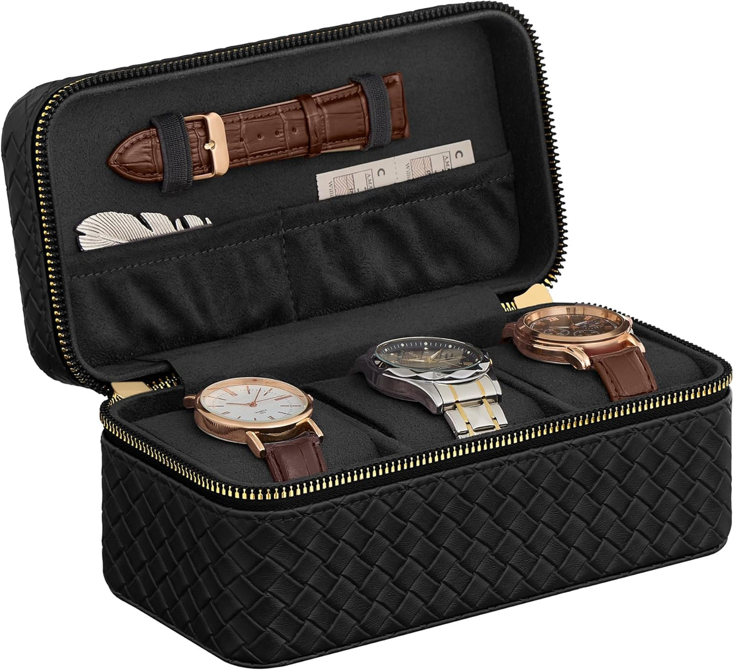 HOME RONNE Collection - 3 Watch Travel Cases, Pack of 2, 3-Slot Watch Boxes, Woven Embossed PU Leather, 3.9 X 7.9 X 3.5 Inches, Gift Idea, Ink Black Surface, Ink Black Lining UJWB017B01-2J