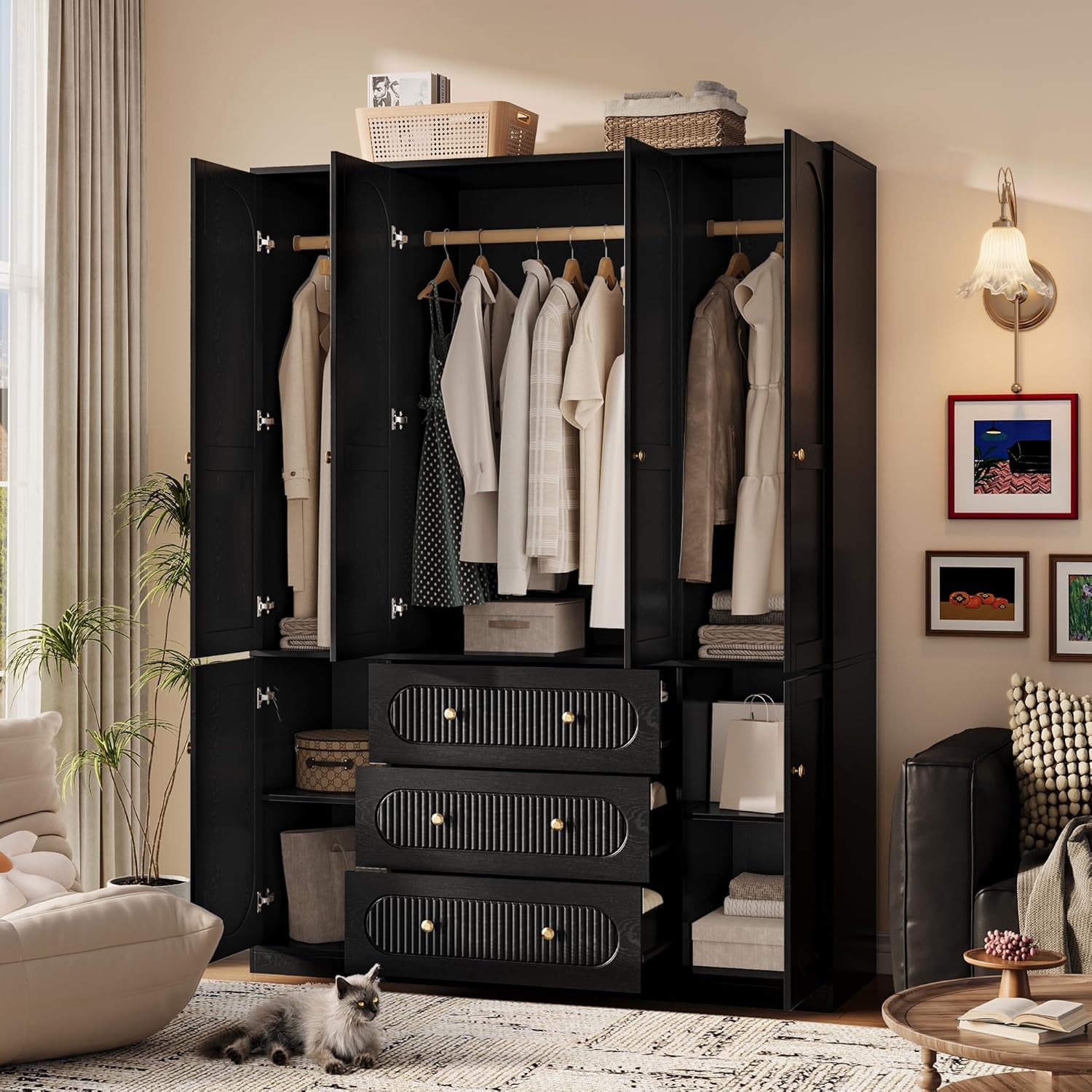4 Doors Freestanding Armoire Wardrobe Closet, 72" Black Wardrobe Armoire Wooden Closet Large Capacity Storage with 3 Drawers & 3 Hanging Rod Shelves Clothes Organizer