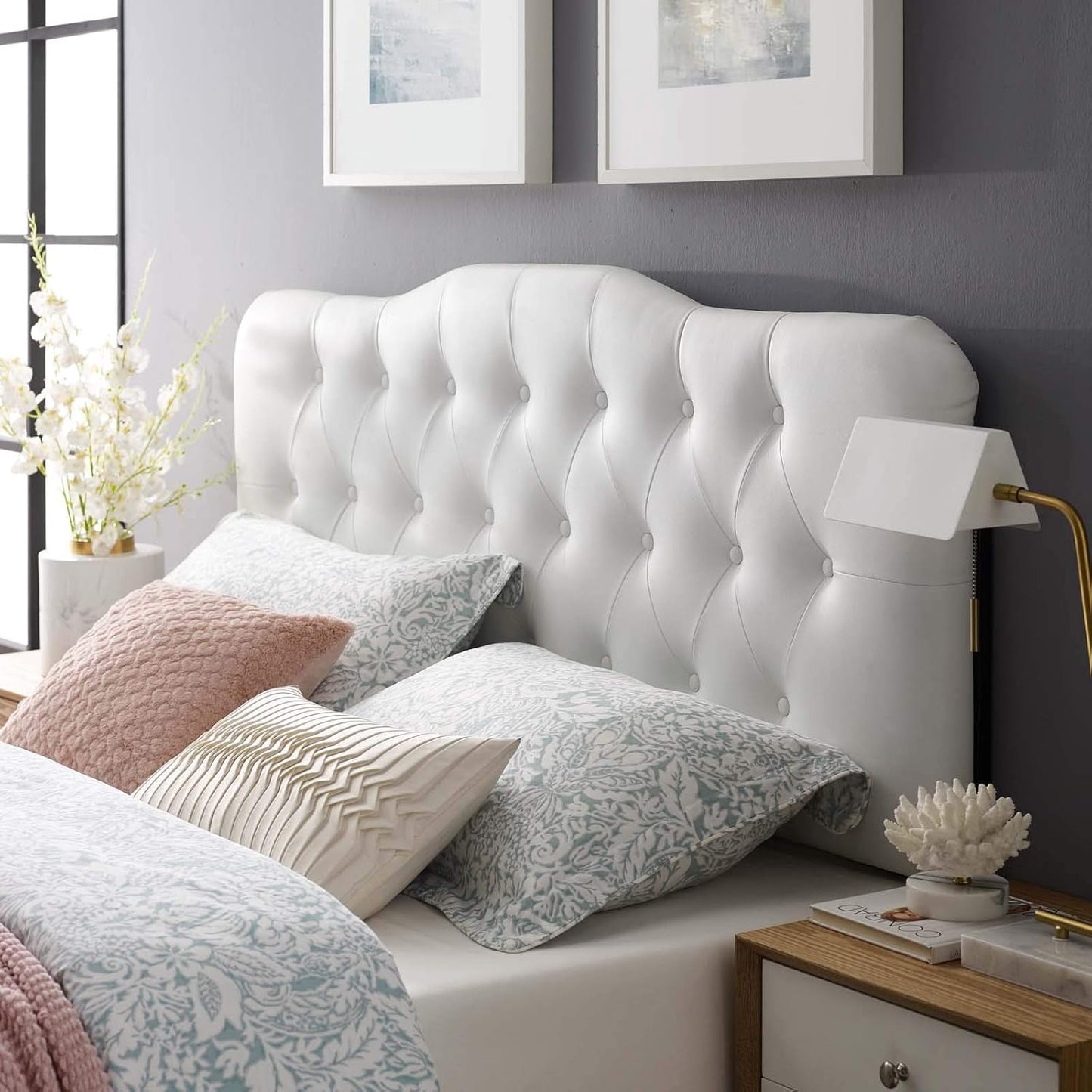 Annabel Tufted Button Faux Leather Upholstered Queen Headboard in White