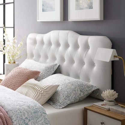 Annabel Tufted Button Faux Leather Upholstered Queen Headboard in White