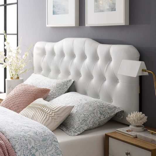 Annabel Tufted Button Faux Leather Upholstered Queen Headboard in White