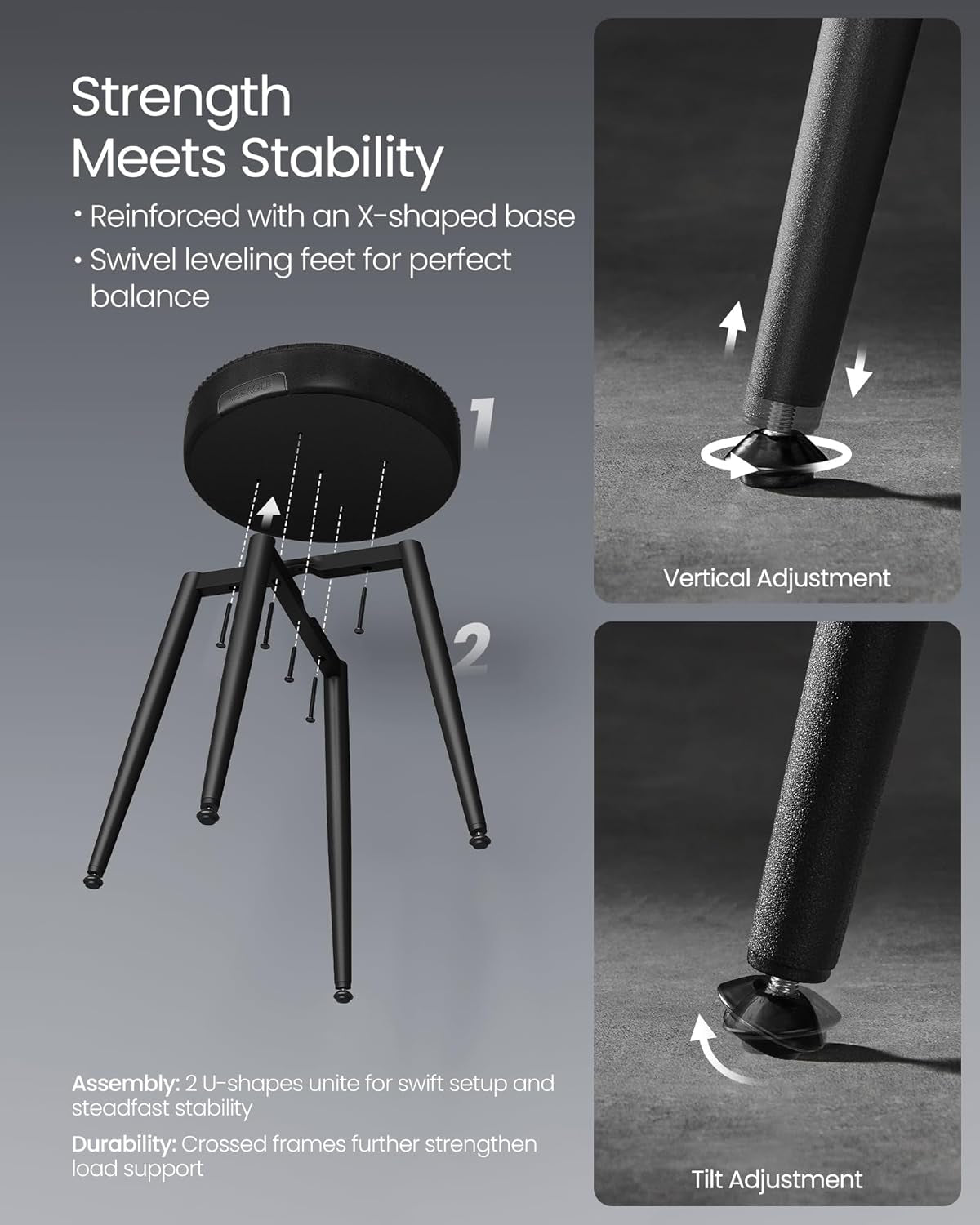 EKHO Collection - Dining Chairs Stools Set of 2, Upholstered Kitchen Chairs, Vanity Stools, Synthetic Leather with Stitching, Mid-Century Modern, 19-Inch Tall, Easy Assembly, Ink Black
